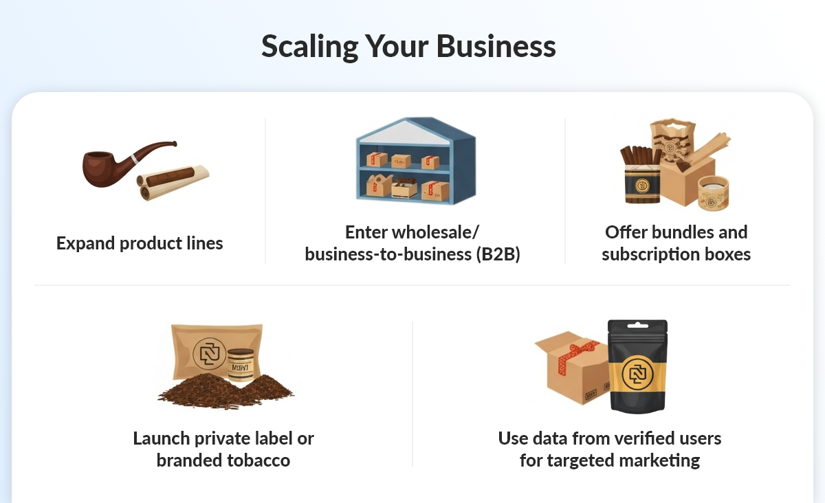 Strategies to scale an online tobacco business: expand products, enter B2B, launch subscriptions, and leverage user data.