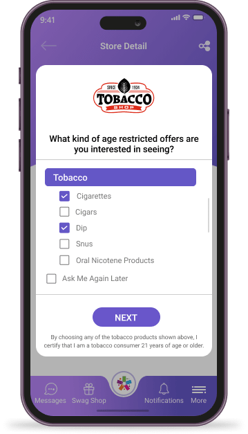 Customers select the type of age-restricted products they’re interested in.