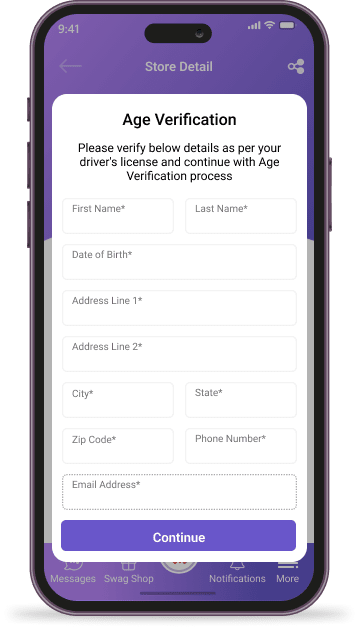 Confirm age with driver's license details. Then click “continue” to proceed with the age verification process.
